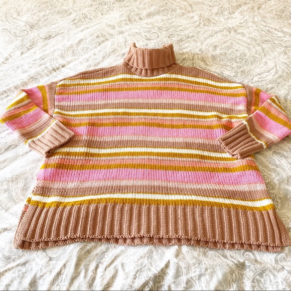 AERIE Stripe Chenille Turtleneck Sweater Tan Pink Stripes Large NEW NWOT - Picture 2 of 8